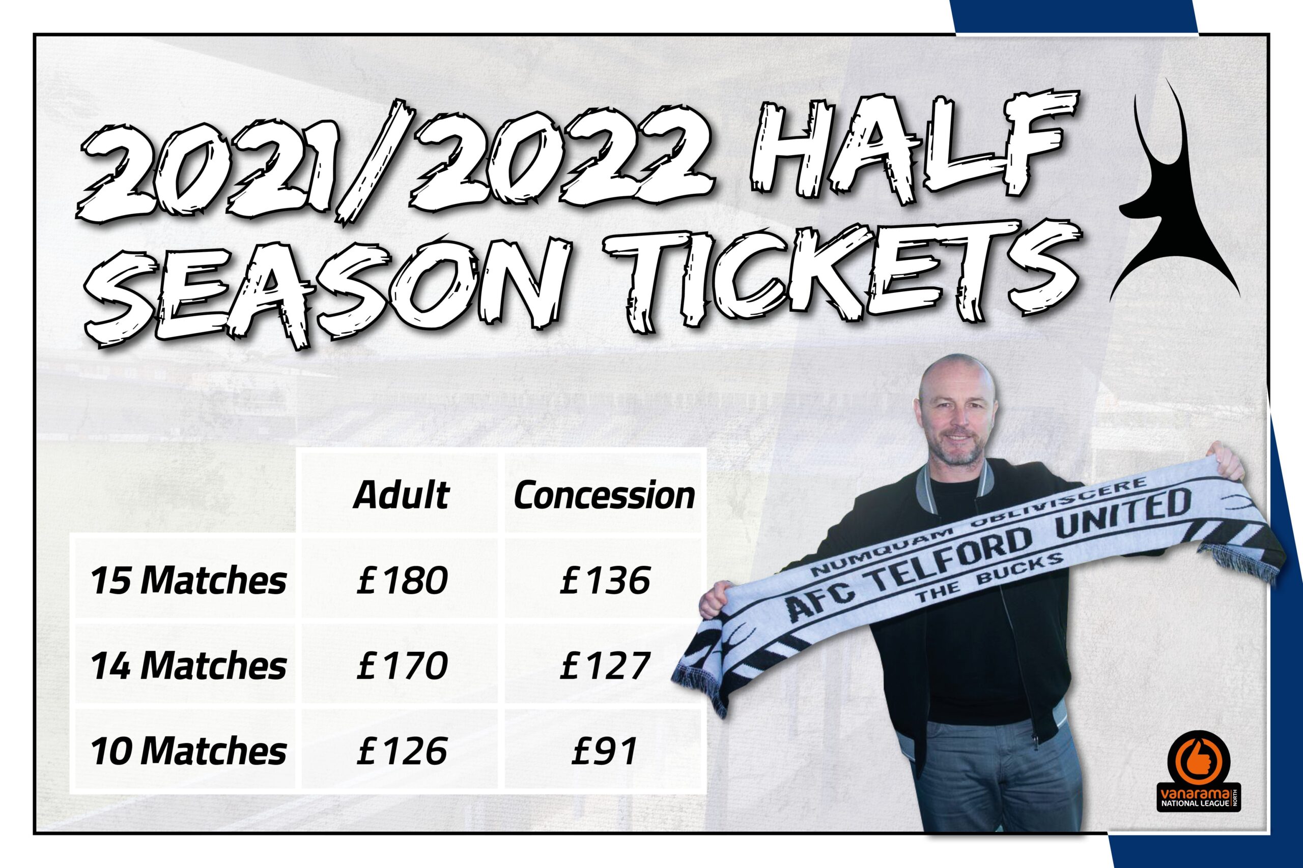 Season Tickets for 15, 14 or 10 home games.
